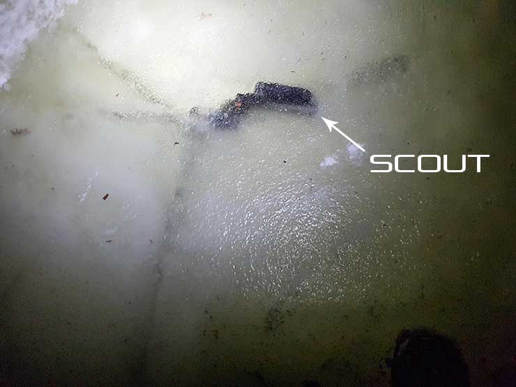 Scout transmitter encased in ice